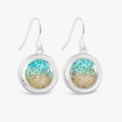 Round drop earrings from Dune Jewelry, featuring turquoise and sand from the San Pedro River!