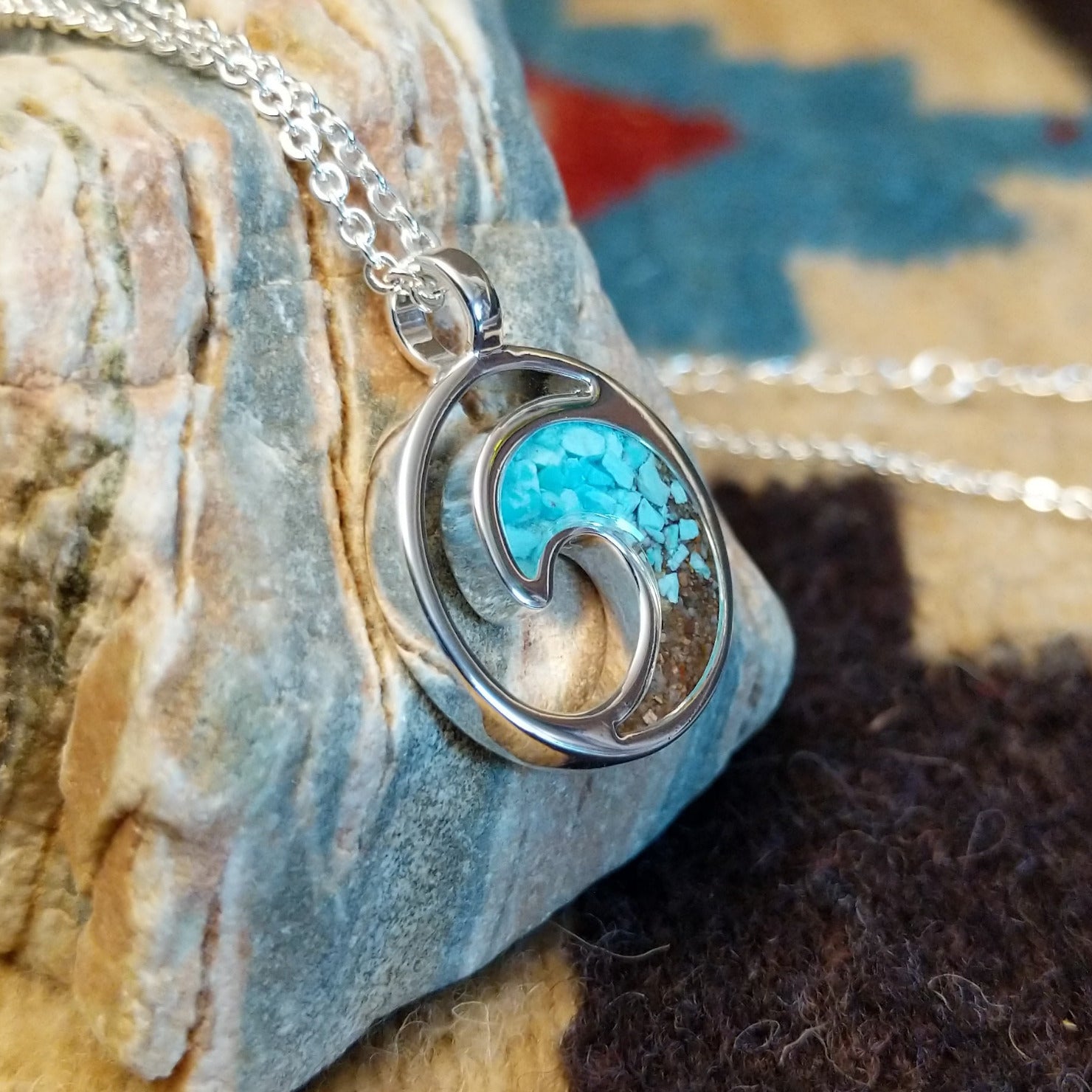Silver-plated brass necklace with turquoise and San Pedro River sand set in the wave bezel.