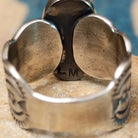 Handcrafted sterling silver Golden Hills turquoise ovoid ring by Leonard Maloney, featuring a natural sky-blue Golden Hills turquoise gemstone with lavender-gray matrix; artisan stamp.