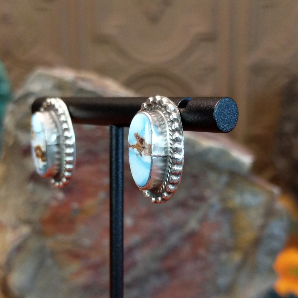 Golden Hills turquoise earrings with beaded bezel.