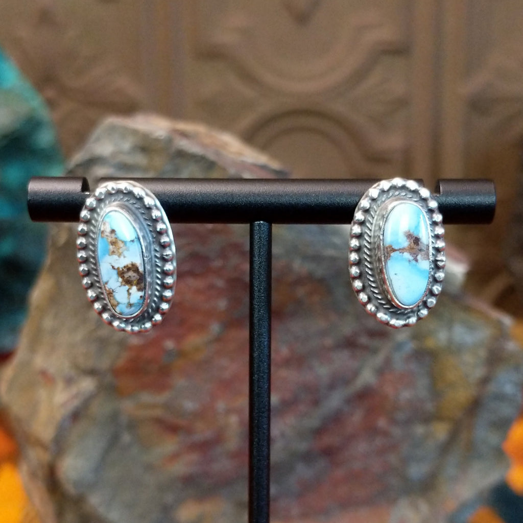 Golden Hills turquoise earrings with beaded bezel.