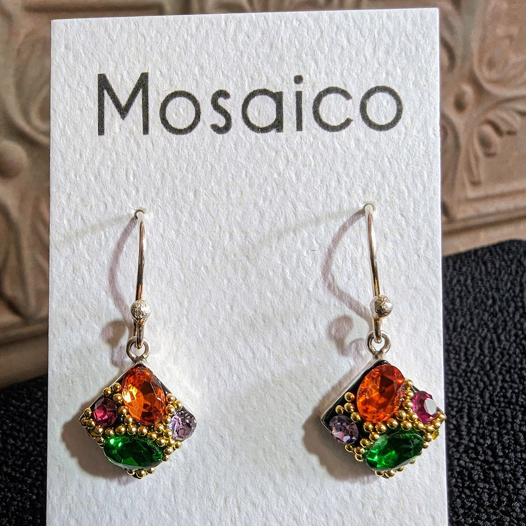 Multi Color Small Square Dangling Earrings Close Up View