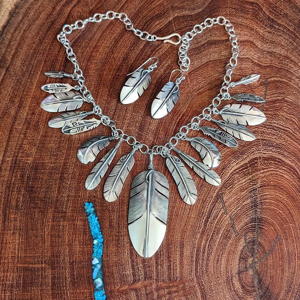 Full Sterling Silver Feather Necklace and Earrings Set View