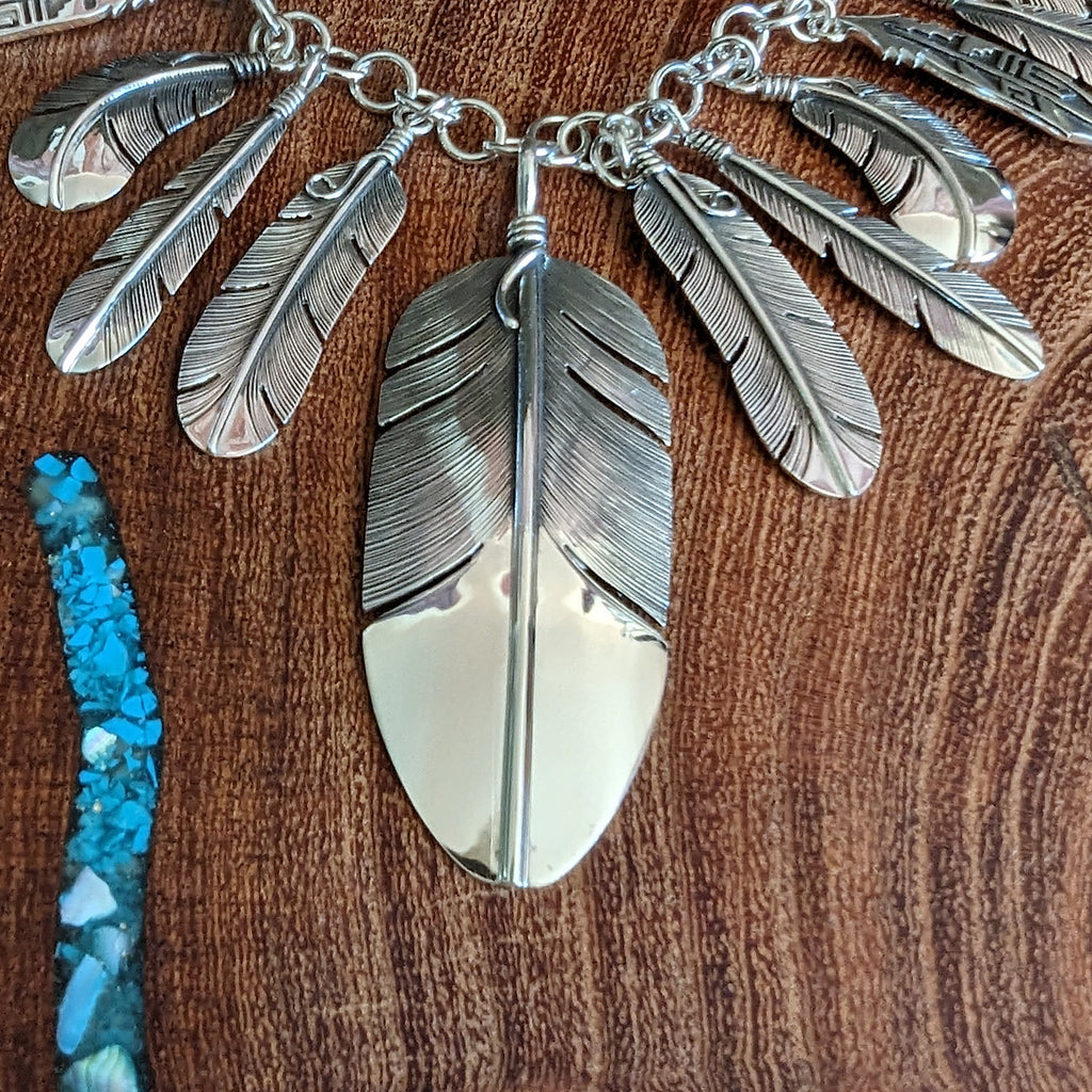 Front Sterling Silver Feather Necklace Detail View