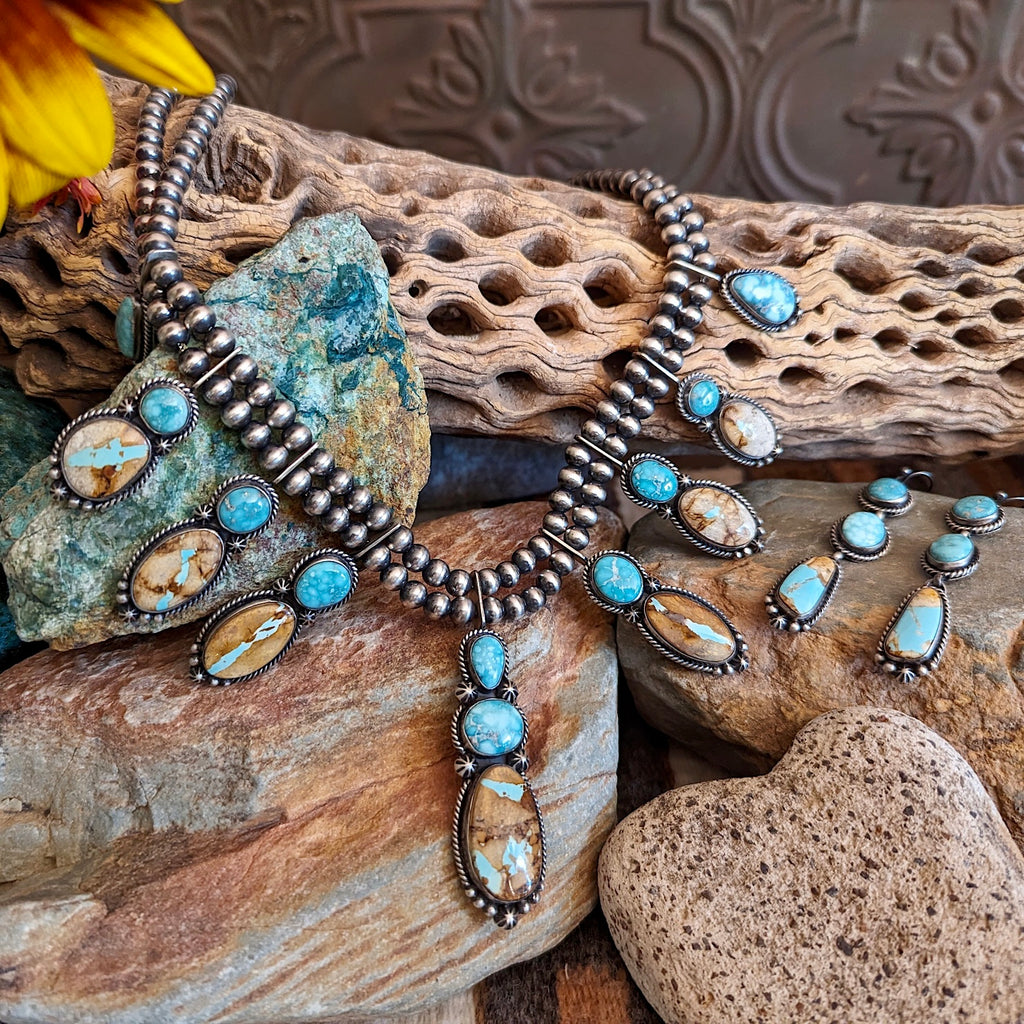 Boulder and White Water Turquoise Necklace and Earrings set Front View