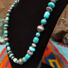 Kingman turquoise necklace with alternating turquoise beads and fluted sterling silver beads