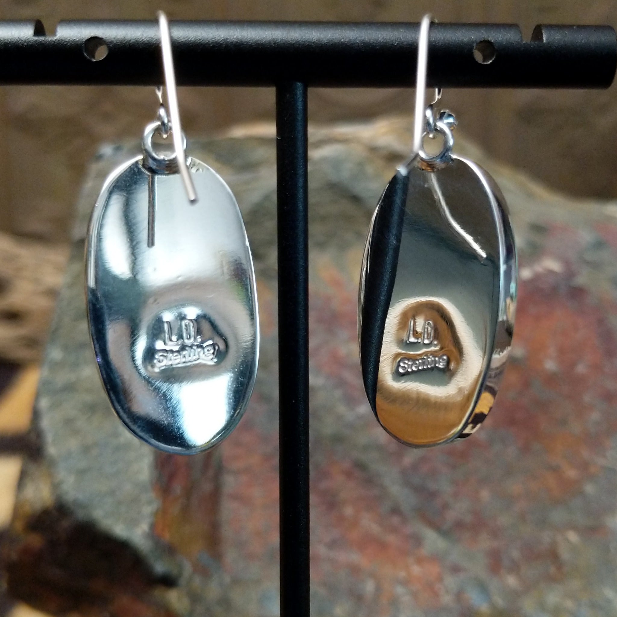 Handcrafted sterling silver large Boulder Turquoise oval earrings by Lowell Draper, featuring natural Boulder Turquoise gemstones in classic bezel settings; artisan and Sterling Silver stamp.