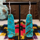 Large turquoise slab earrings by Jameson Pete featuring elongated bright blue stones with bold brown, tan, and dark natural matrix, suspended from silver hooks; backside view.