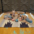 Clay sculpted into individual coyote pieces that form a nativity scene and are painted in various, colorful designs.