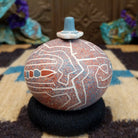 Round lidded Mata Ortiz pottery vessel featuring a dragonfly design in blue and clay tones with etched geometric background patterns.