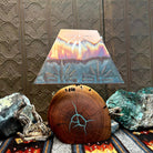Mesquite wood base showcases natural turquoise inlays, topped with a copper shade.