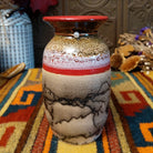 Mini horsehair pottery vase by Roger Calhoun with a flared red rim, gold and lavender crackled shoulder, red accent band, and black horsehair markings on a cream-colored body.