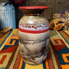 Mini horsehair pottery vase by Roger Calhoun with a flared red rim, gold and lavender crackled shoulder, red accent band, and black horsehair markings on a cream-colored body.