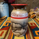 Mini horsehair pottery vase by Roger Calhoun with a flared red rim, gold and lavender crackled shoulder, red accent band, and black horsehair markings on a cream-colored body.