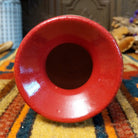 Mini horsehair pottery vase by Roger Calhoun with a flared red rim, gold and lavender crackled shoulder, red accent band, and black horsehair markings on a cream-colored body.