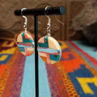 Multistone Circle Earrings by A. Medina with geometric stone and shell mosaic inlay.