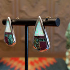 Sterling silver triangular earrings with multistone inlay set in the bezel.