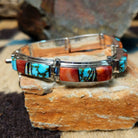 Sterling silver multistone inlay link bracelet by Cooper Willie with colorful Southwestern stone inlay.