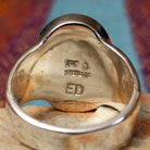 Multistone Oval Inlay Ring by E.D. featuring a geometric mosaic of stones separated by fine silver channels in a polished silver setting; artisan and Sterling Silver stamp.