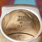 Multistone Square Inlay Ring by O.J. featuring colorful geometric turquoise, blue, red, yellow, and green stone inlay separated by Sterling Silver channels on a broad square face; artisan and Sterling Silver stamp.