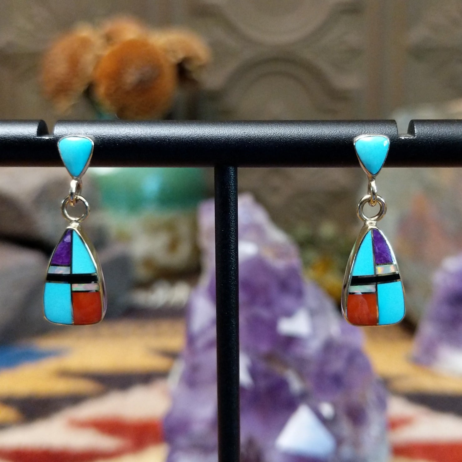 14kt gold Virgil Reeder earrings with geometric multistone teardrop inlay.