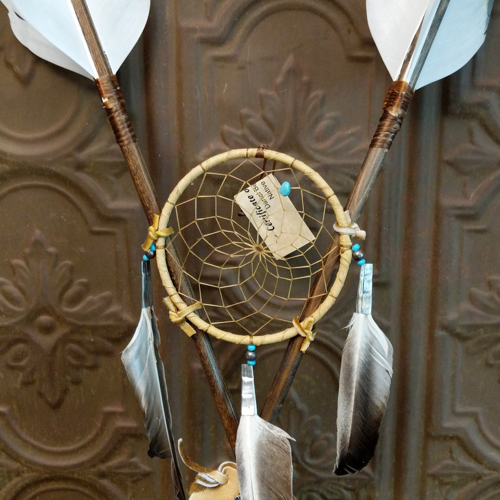 Close-up of the dream catcher with feathers and beads.