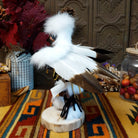 Side view of the Navajo Eagle Kachina doll with wide outstretched white feather wings, white fur headdress, black painted facial markings, and white fabric apron.