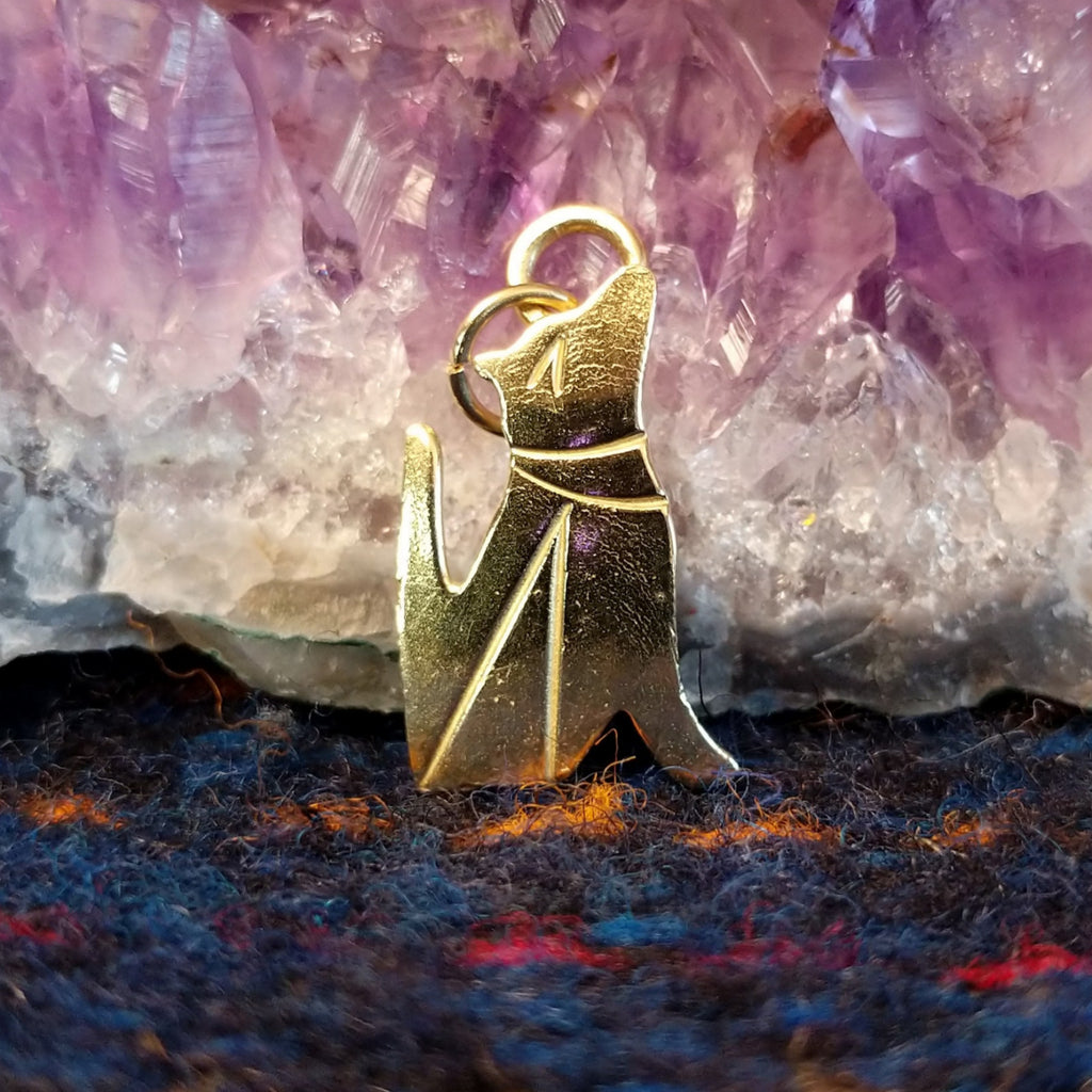 Polished gold coyote pendant.
