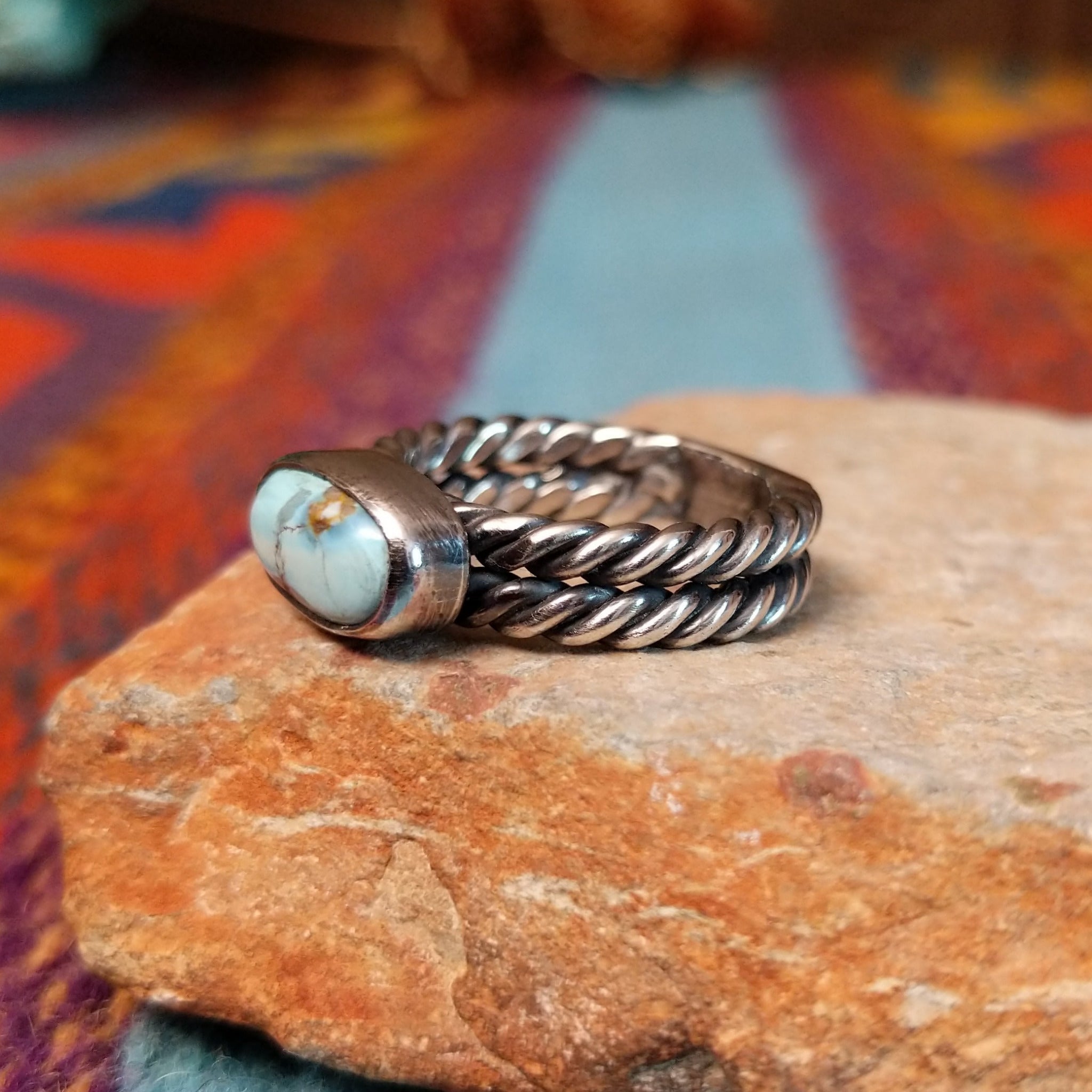 Navajo silver ring with oval Golden Hills turquoise and double twisted band.
