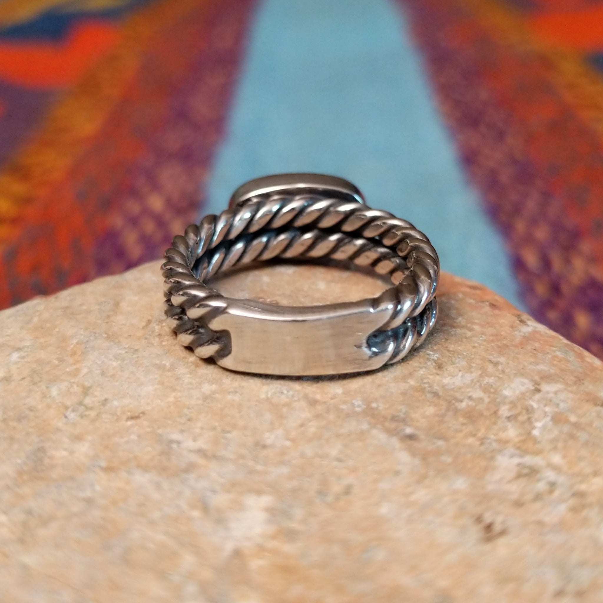 Navajo silver ring with oval Golden Hills turquoise and double twisted band.