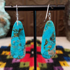 Navajo Long Oval Slab Turquoise Earrings featuring elongated bright blue turquoise stones with natural brown, gray, and green matrix, suspended from silver hooks; backside view.
