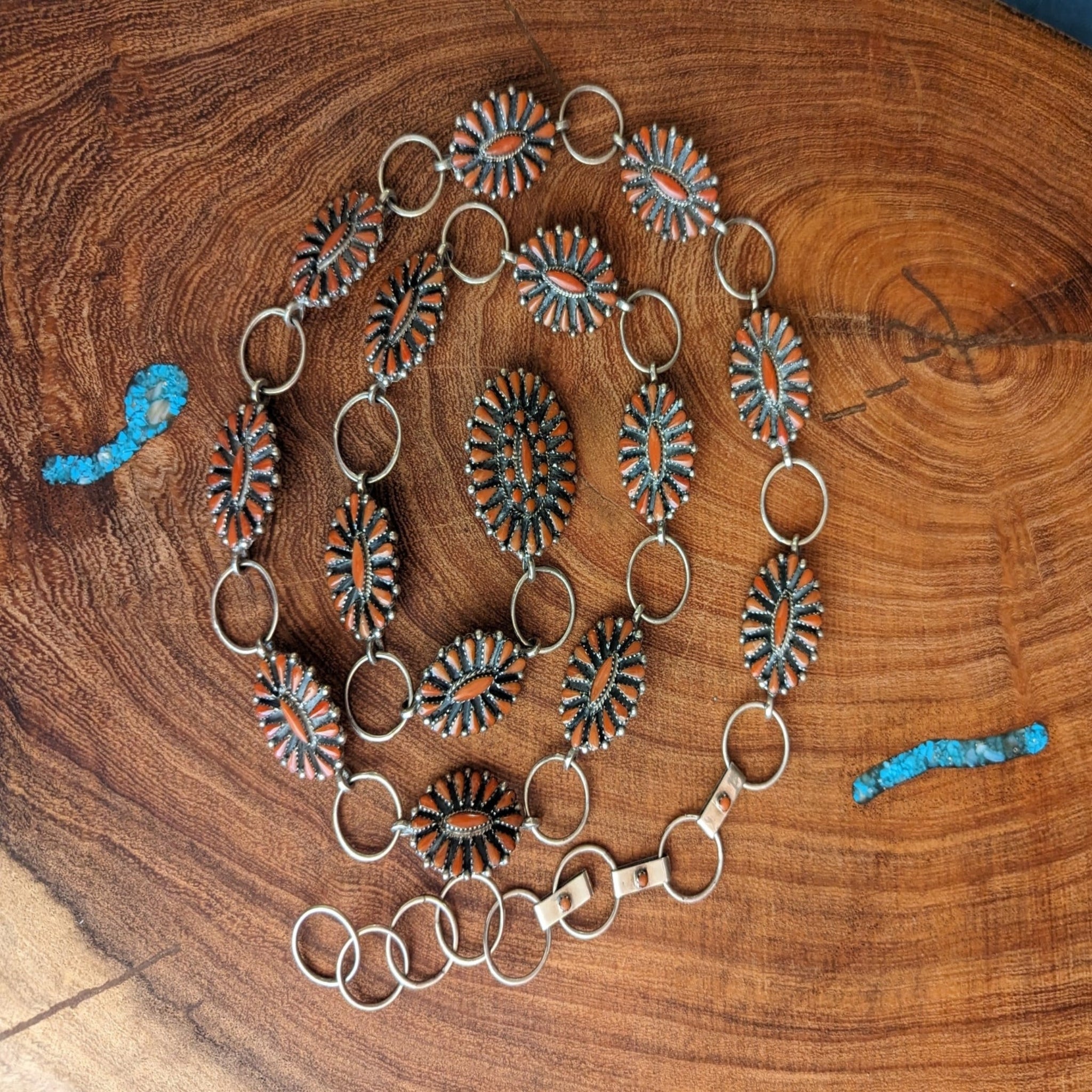 navajo made coral and sterling silver concho belt
