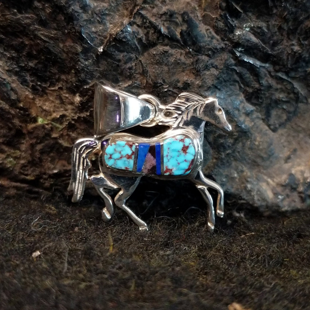 Horse pendant with multi-stone inlaid in sterling silver.