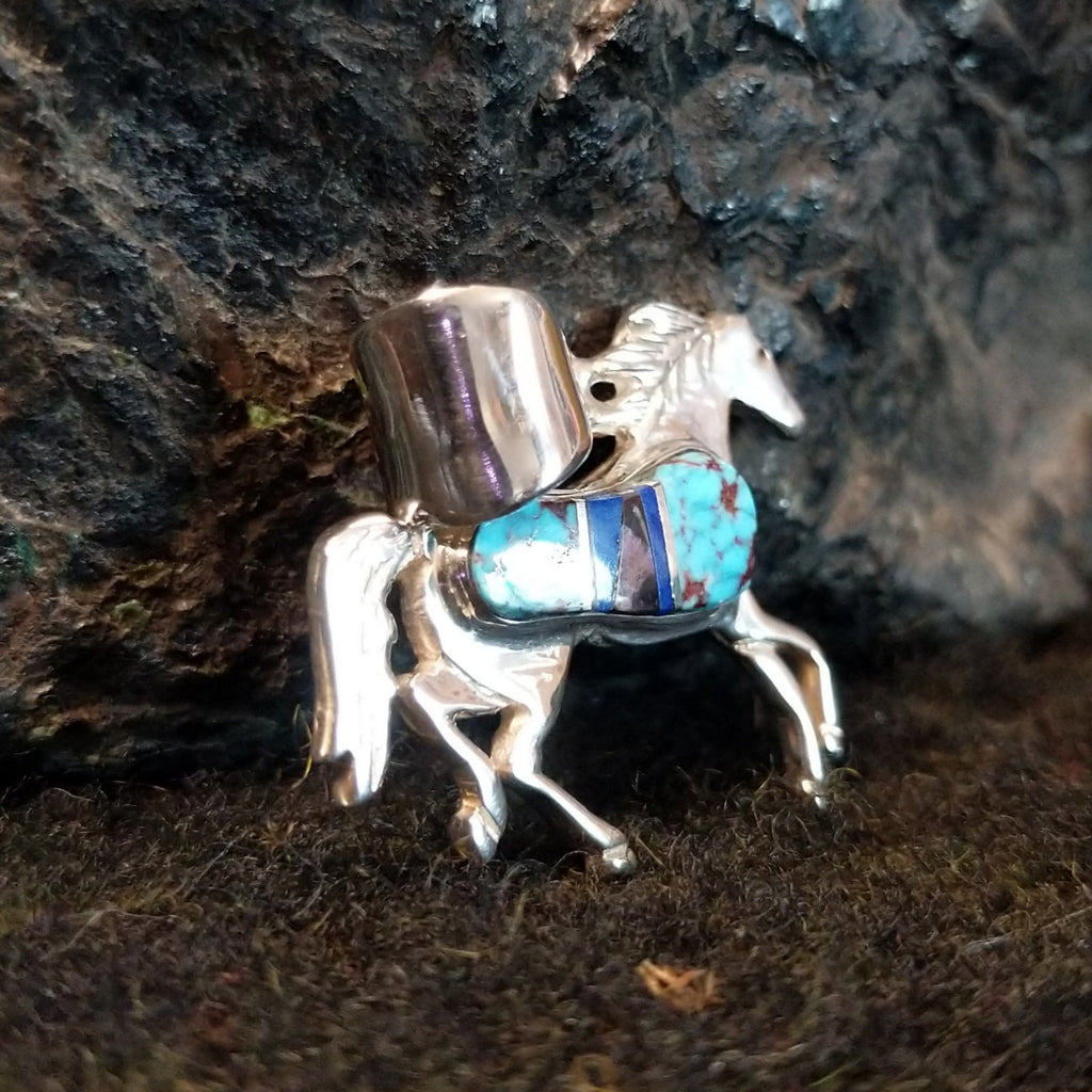 Horse pendant with multi-stone inlaid in sterling silver.