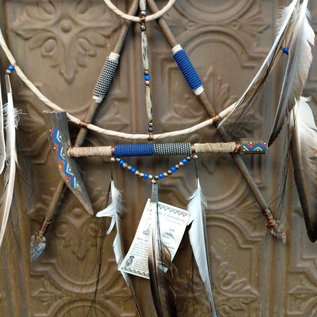 Mandela made from wood, with arrows, beads, feather, and buffalo bone set with different meanings.