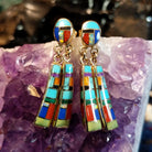 Navajo multi-stone inlay dual dangle gold earrings.