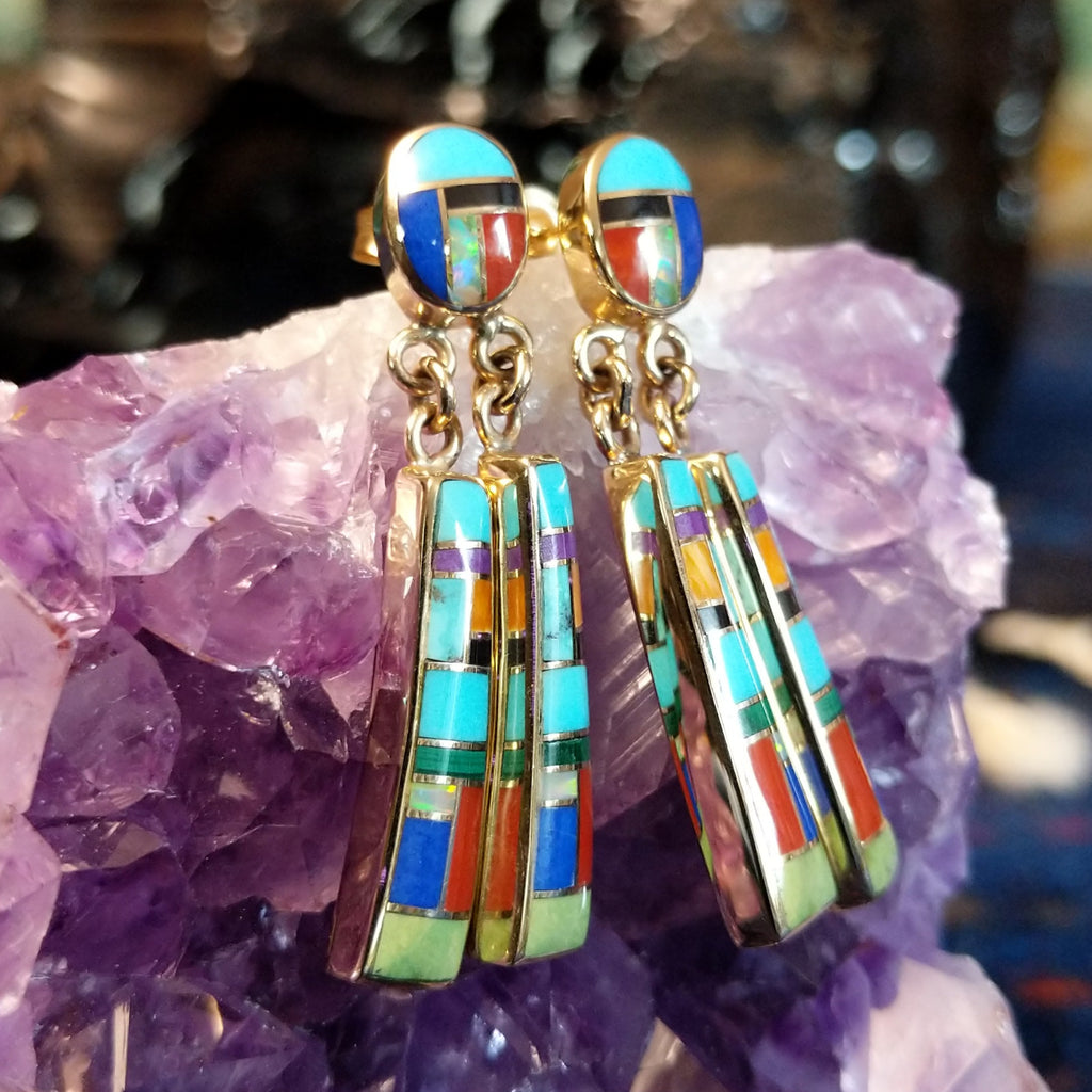 Navajo multi-stone inlay dual dangle gold earrings.