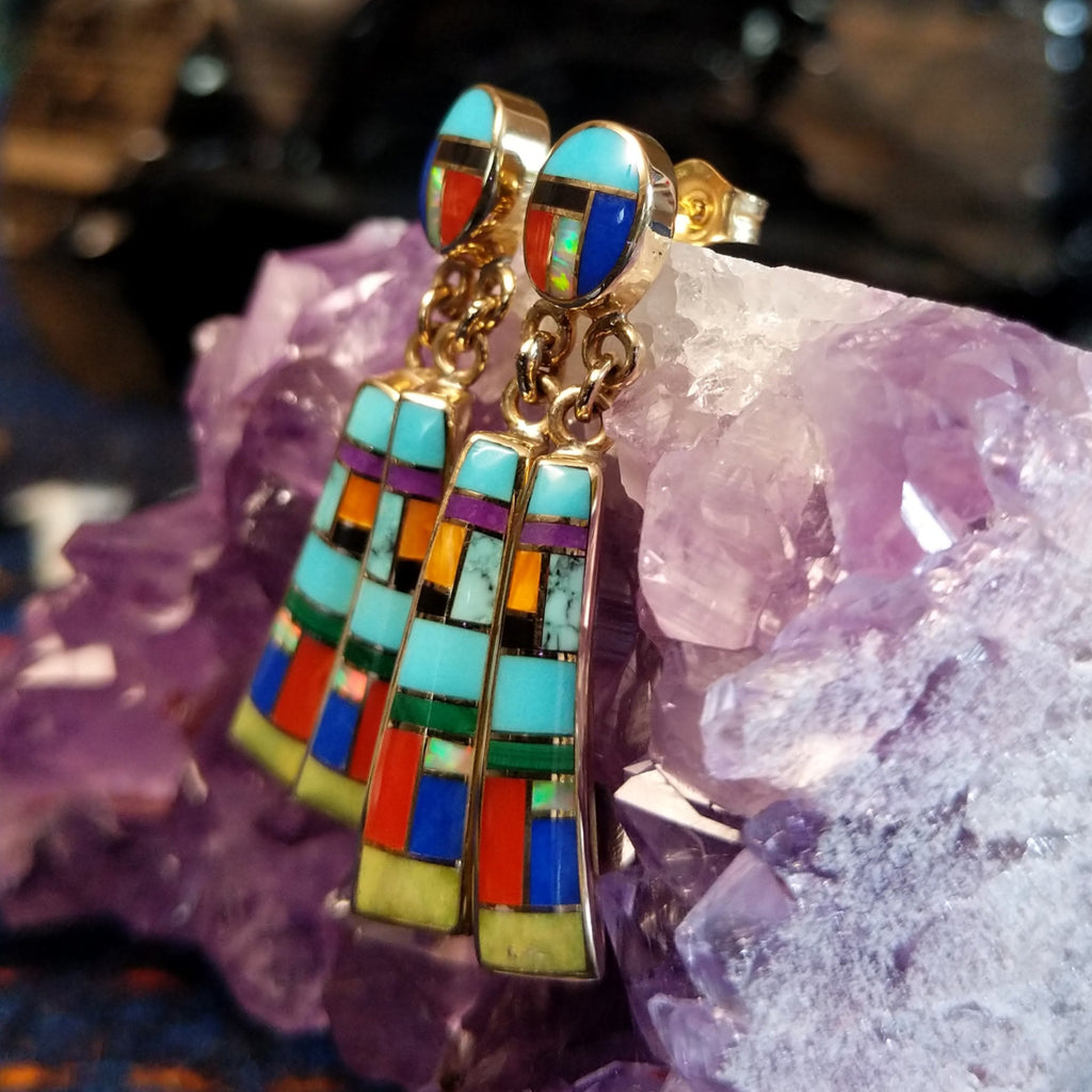 Navajo multi-stone inlay dual dangle gold earrings.