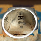 Handcrafted Navajo sterling silver ring by B.J. featuring a bold geometric inlay design in a polished silver setting with a contemporary Southwestern style; artisan and Sterling Silver stamp.