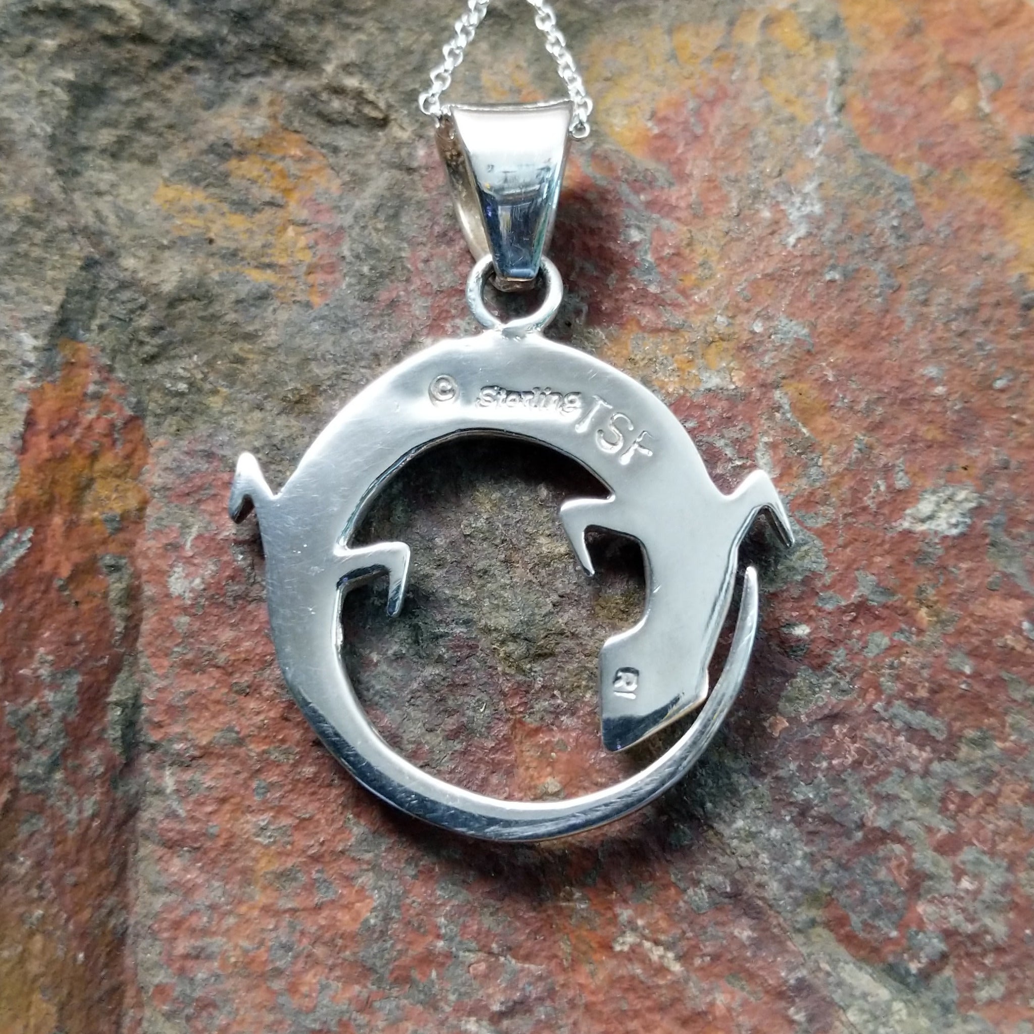 Handcrafted sterling silver multistone lizard pendant by R.I., featuring colorful inlay in a circular openwork Navajo design; artisan and Sterling Silver stamp.
