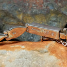 Navajo multistone inlay bracelet by V.J. with turquoise, lapis, and Mother of Pearl teardrop links in sterling silver; artisan and Sterling Silver stamp.