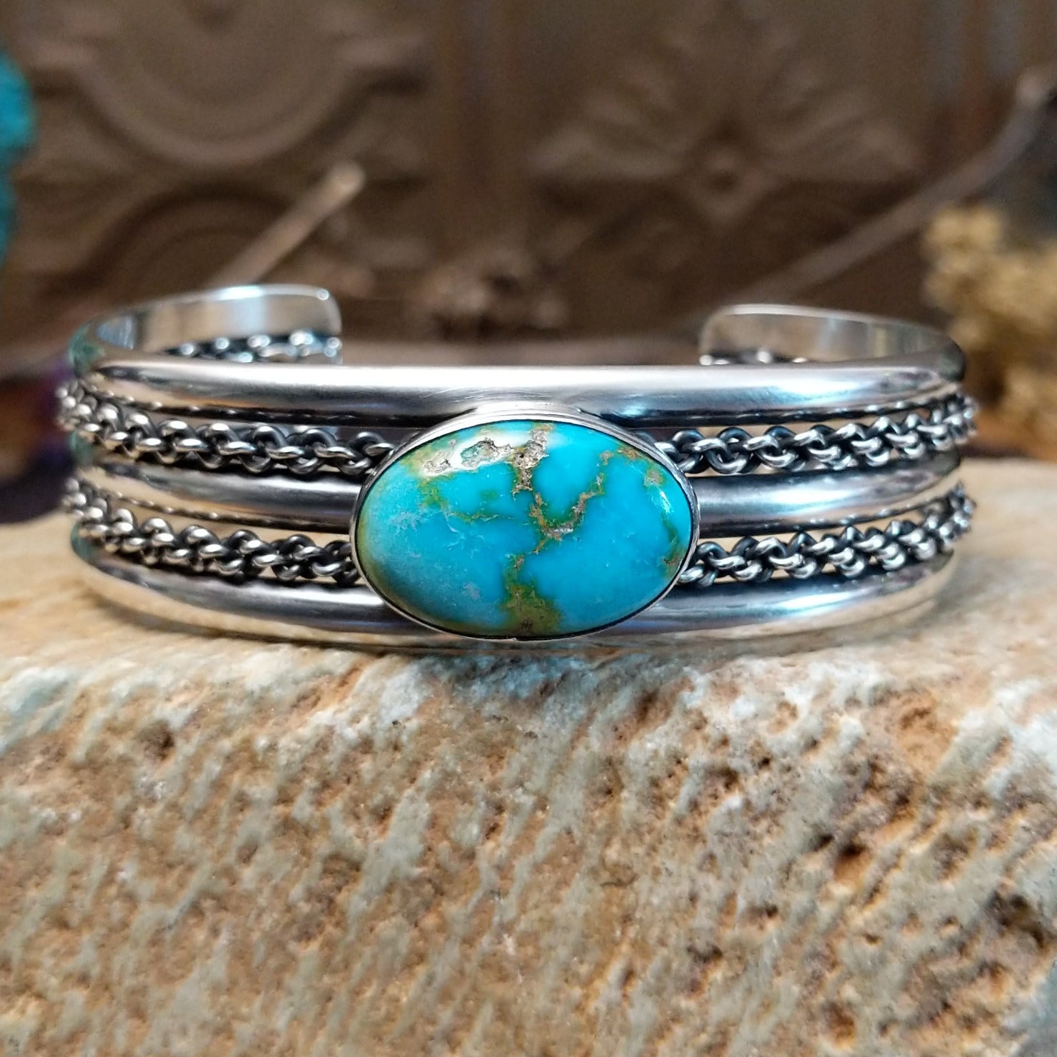 Navajo Sonoran Mountain Turquoise Chain Cuff by H.R.M. GJ-BRC-0278