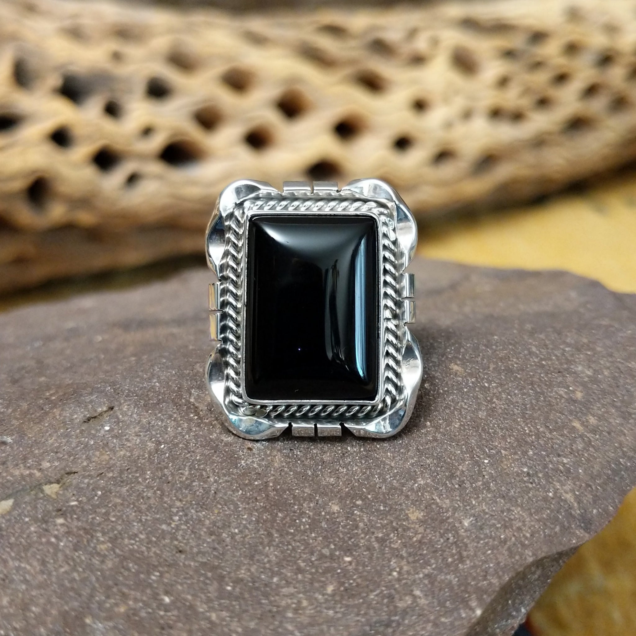 Navajo square black onyx ring, featuring a polished square black onyx stone set in handcrafted sterling silver with traditional Southwestern-inspired metalwork.
