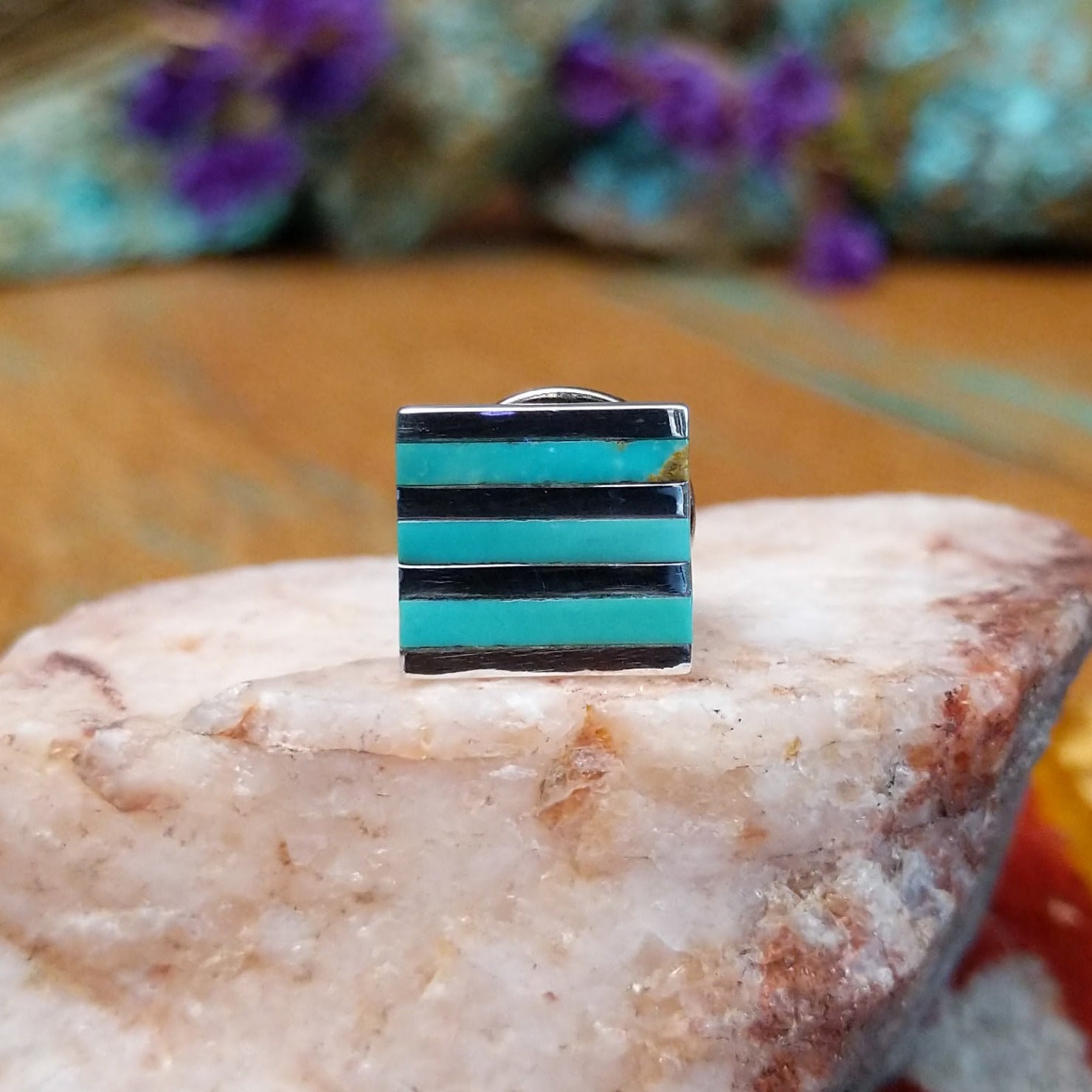 Sterling silver Navajo square tie tack by S.S. with turquoise striped inlay.