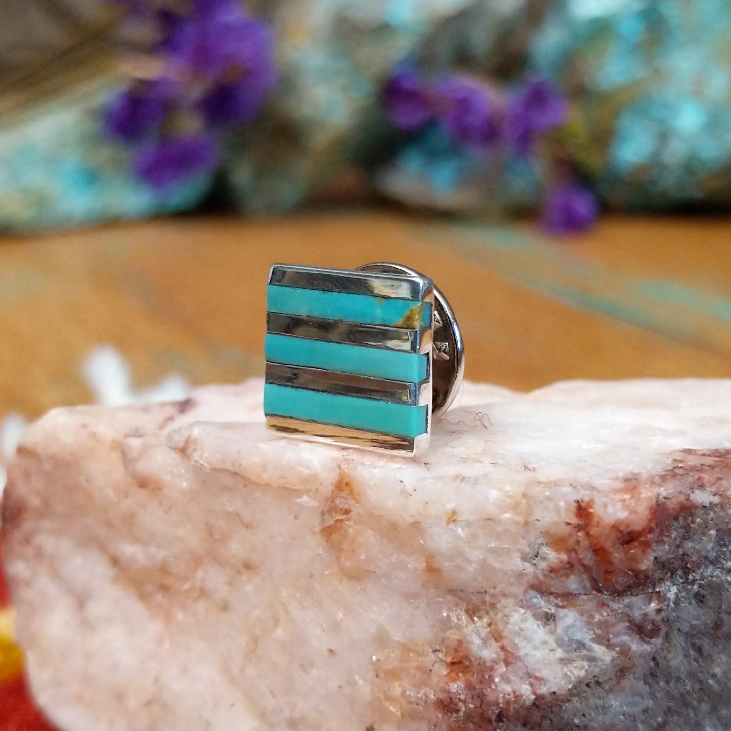 Sterling silver Navajo square tie tack by S.S. with turquoise striped inlay.