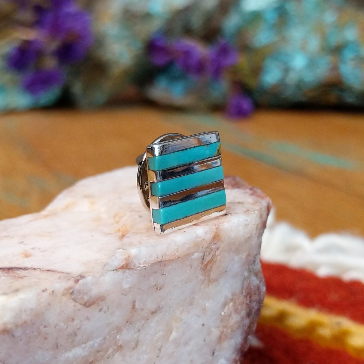 Sterling silver Navajo square tie tack by S.S. with turquoise striped inlay.