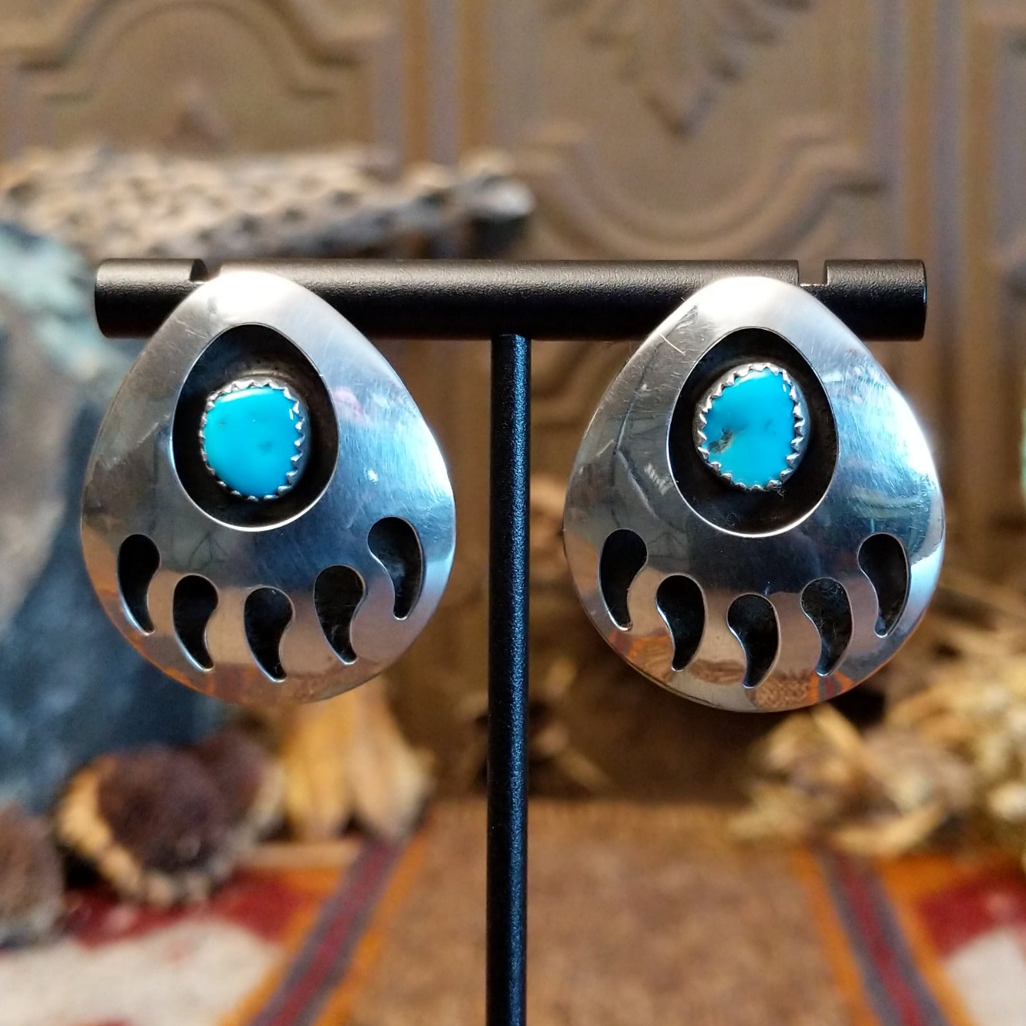 Sterling silver shadowbox earrings with turquoise set in notched bezels.