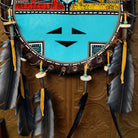 Close-up of the painted turquoise face of the piece and the feathers tethered to leather.