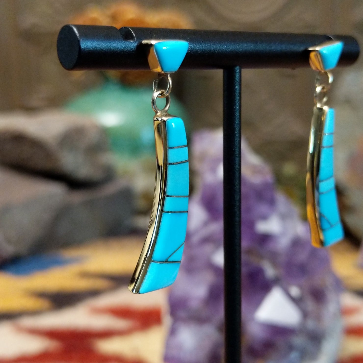 14kt gold Navajo dangle earrings with curved turquoise inlay panels.