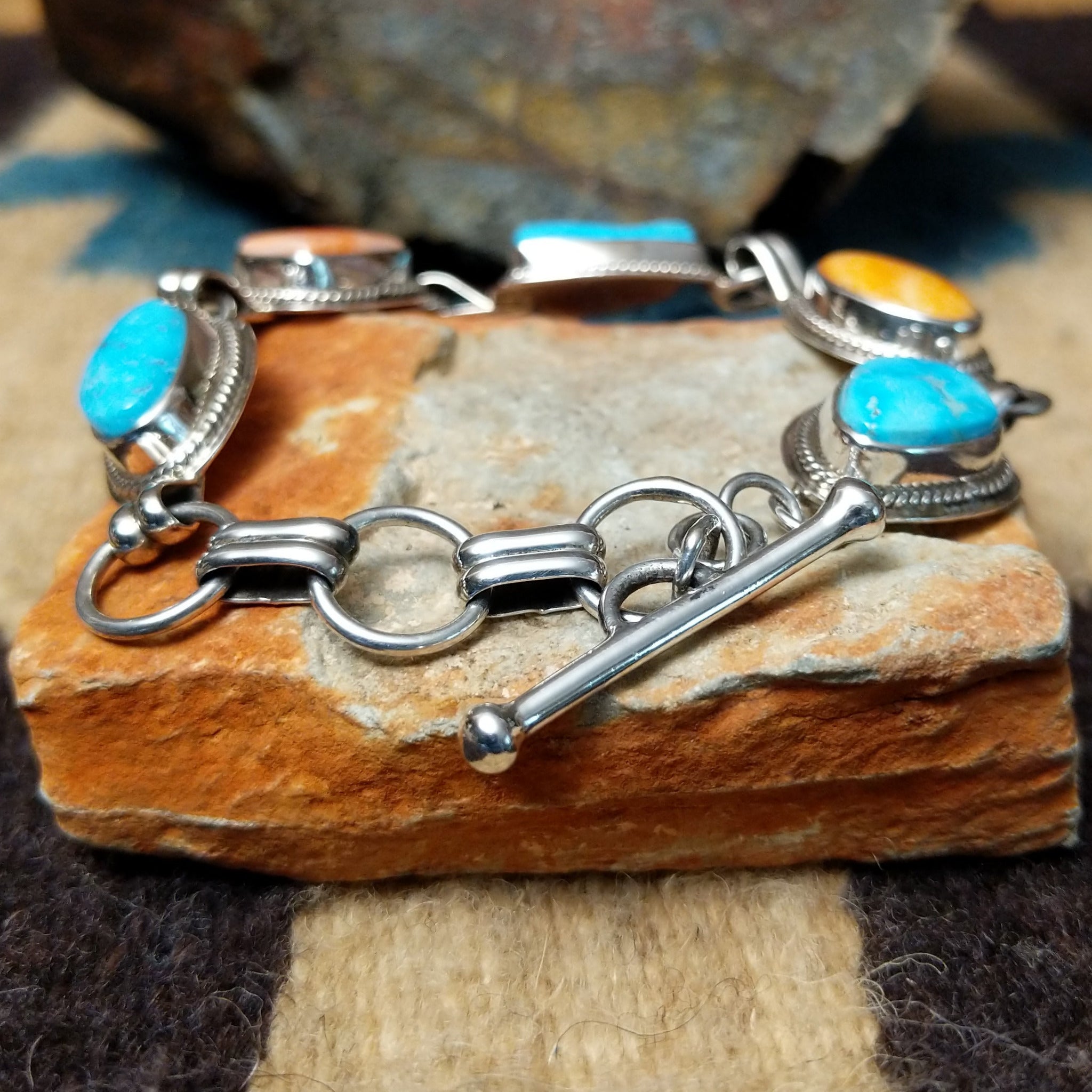 Navajo Turquoise & Spiny Oyster Link Bracelet by L.P. GJ-BRC-0363